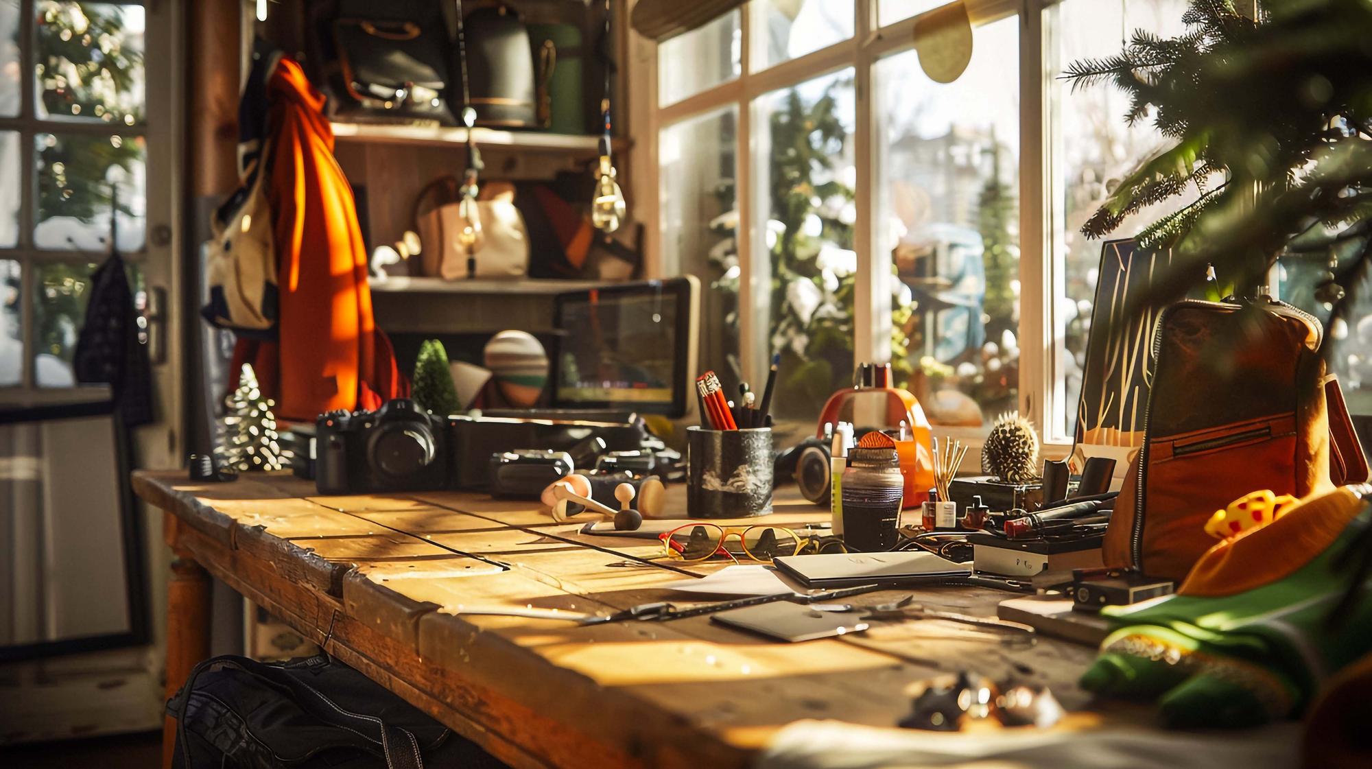 Small workshop kitchen with wooden counters and tools